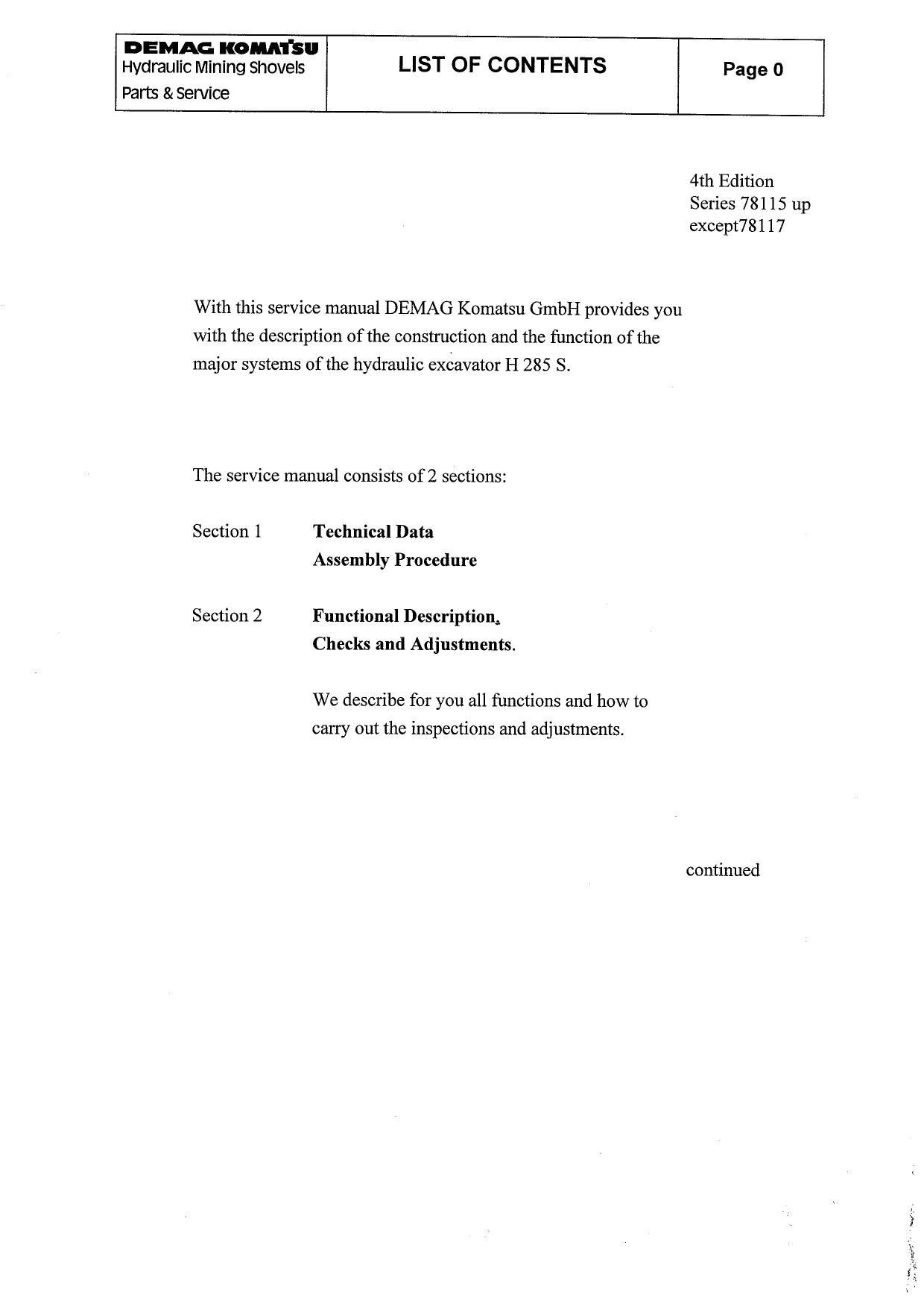 H285S PARTS AND SERVICE MANUAL